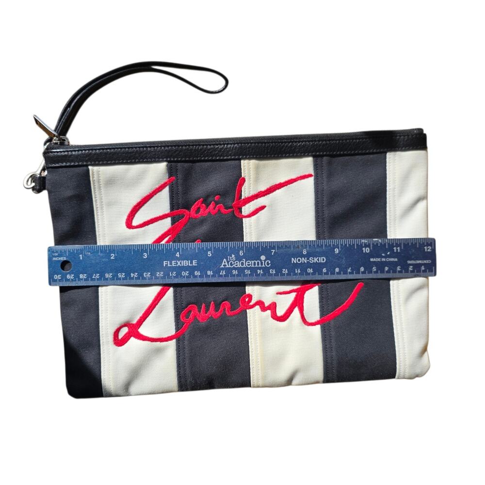 Saint Laurent YSL Stripe Canvas Wristlet Pouch Clutch Red Logo Auth w/ COA - Picture 4 of 9